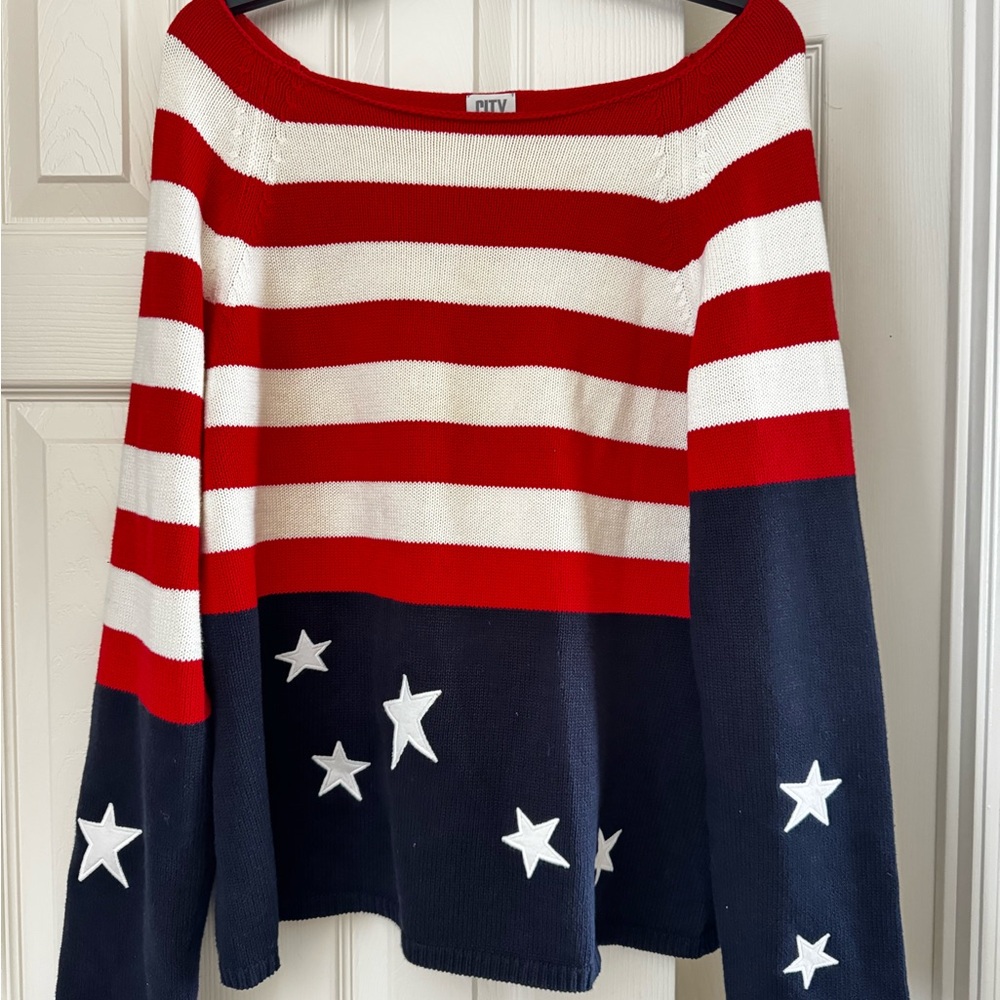 City DKNY Red White and Blue Stars and Stripes Boatneck Sweater, XL